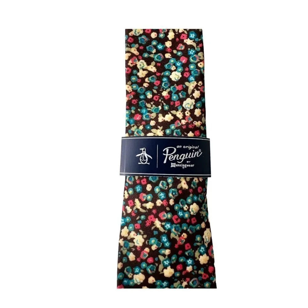 Original Penguin Mens Brown Colorful Floral Slim Cotton Neck Tie New